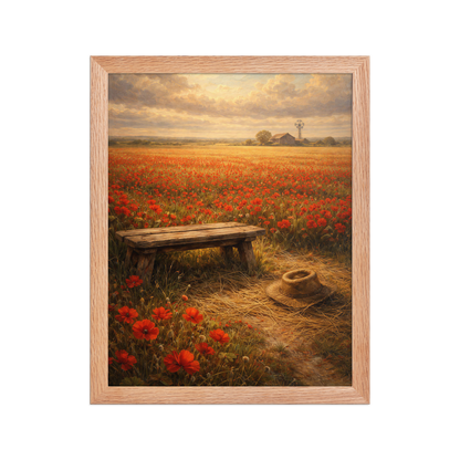 Framed Poppy Field poster featuring a rustic bench, straw hat, and a vast field of red poppies beneath a glowing countryside sky, inspired by The Deadly Poppy Field, original Visual Poetry artwork.