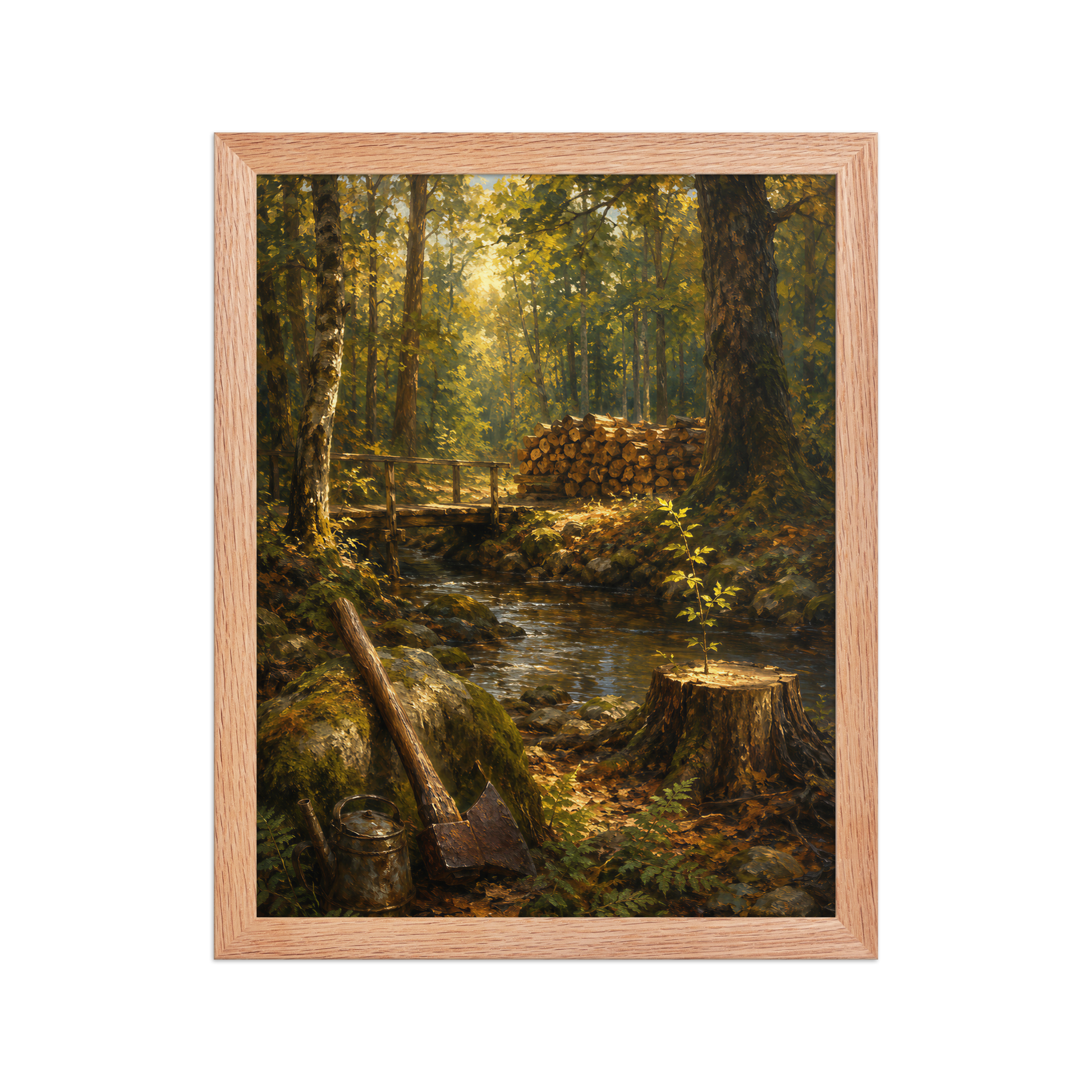 Framed Forest Clearing poster featuring a woodland stream, rustic bridge, axe, stacked firewood, and a young sapling growing from a tree stump, inspired by Follow the Yellow Brick Road, original Visual Poetry artwork.
