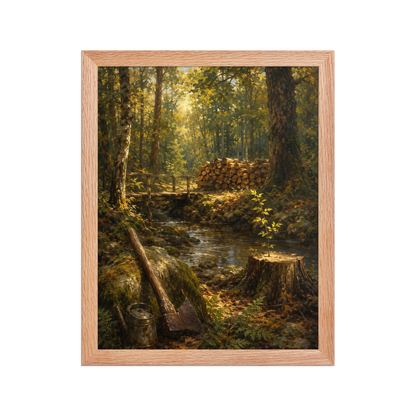 Framed Forest Clearing poster featuring a woodland stream, rustic bridge, axe, stacked firewood, and a young sapling growing from a tree stump, inspired by Follow the Yellow Brick Road, original Visual Poetry artwork.