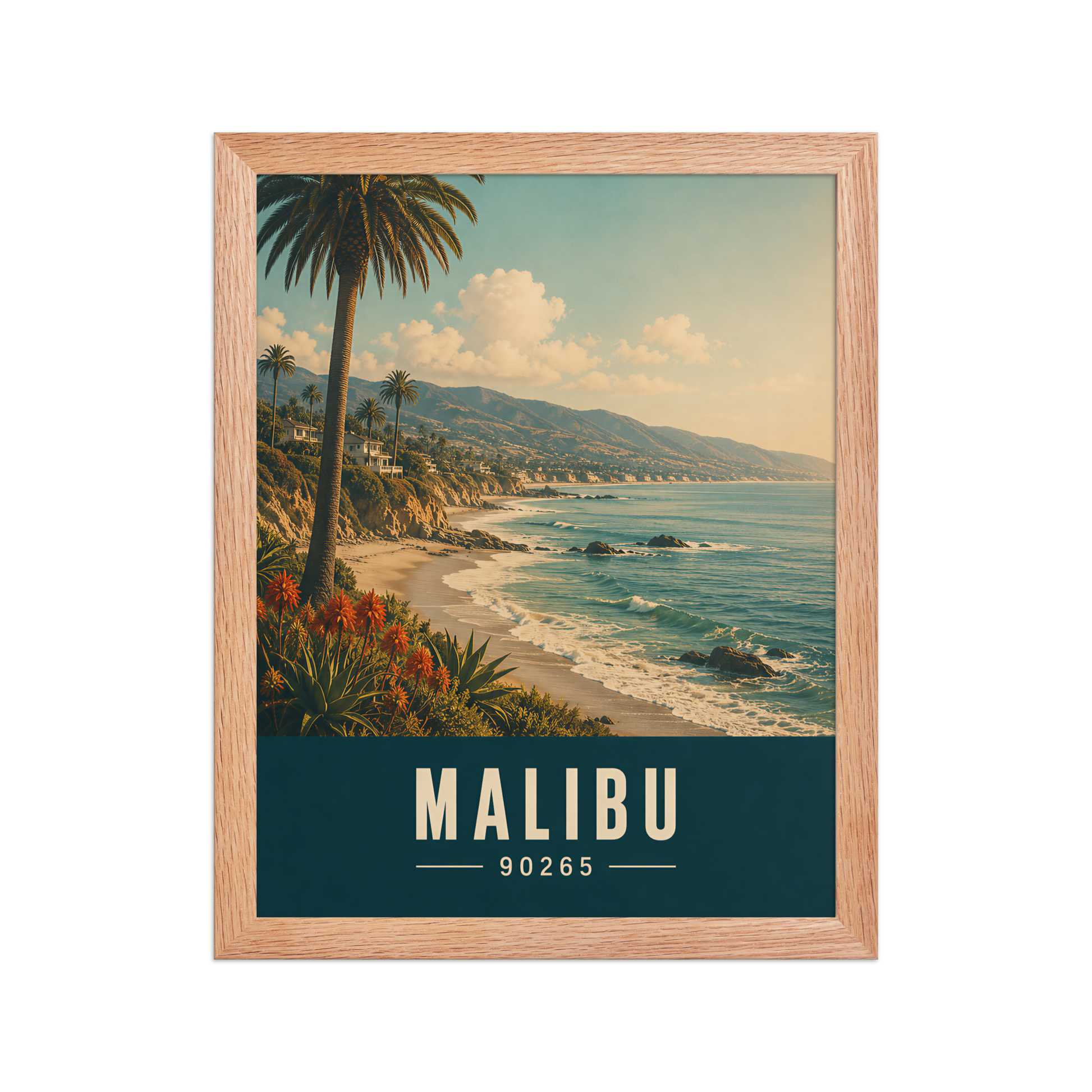 Framed Malibu California retro travel poster with 90265 zip code, coastal beach wall art