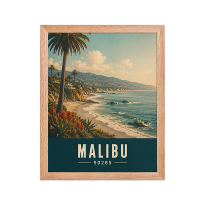 Framed Malibu California retro travel poster with 90265 zip code, coastal beach wall art