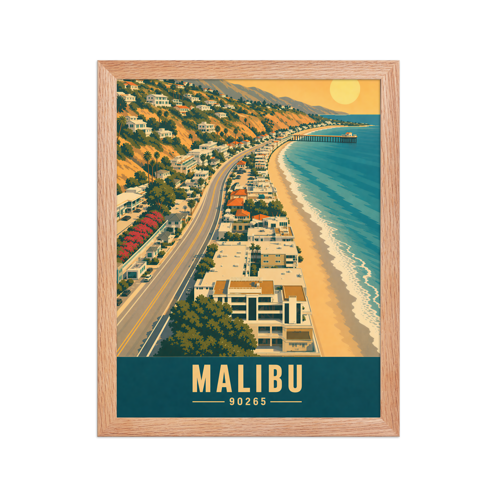Framed aerial Malibu Pacific Coast Highway poster with 90265 zip code