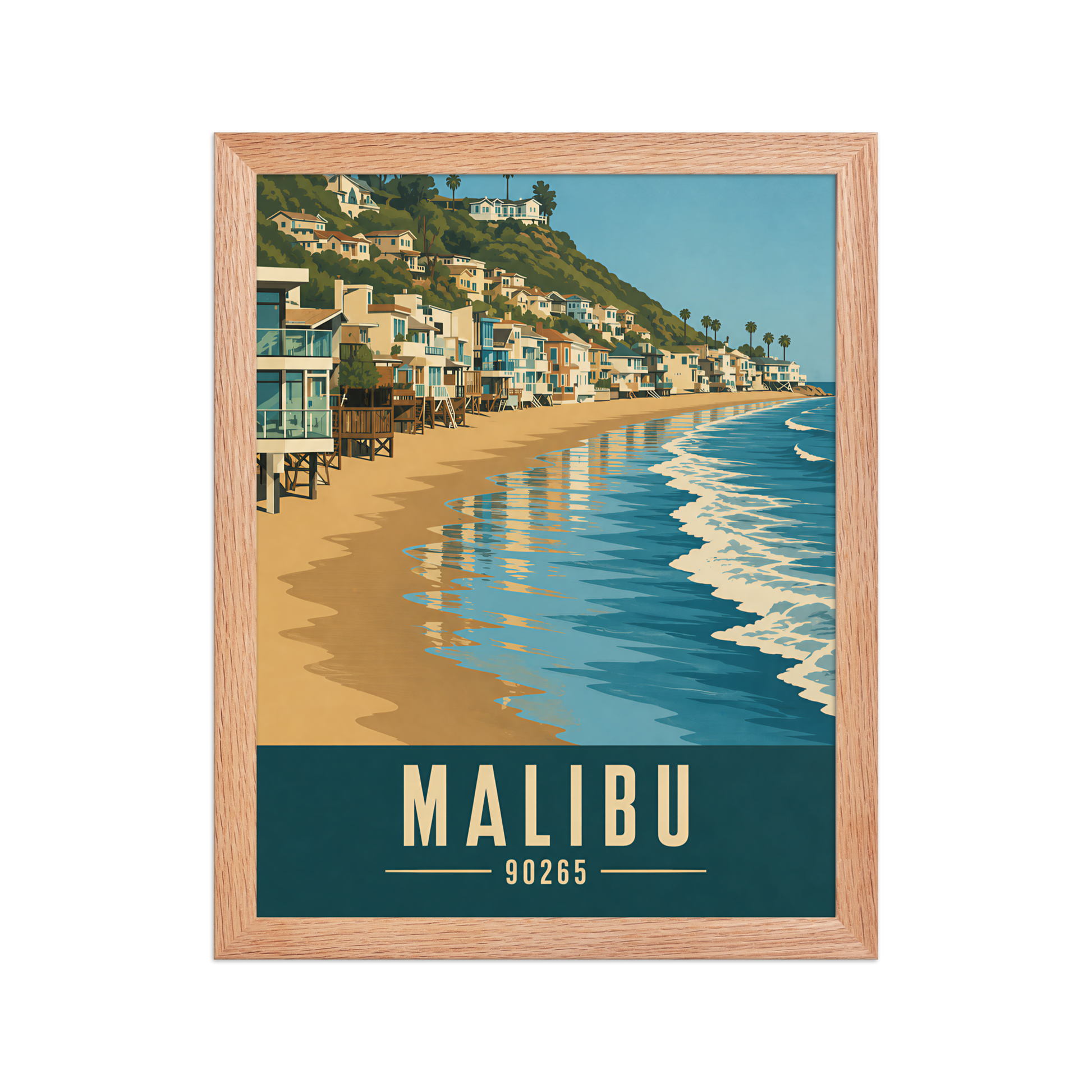 Framed Malibu beach house coastal poster with 90265 zip code