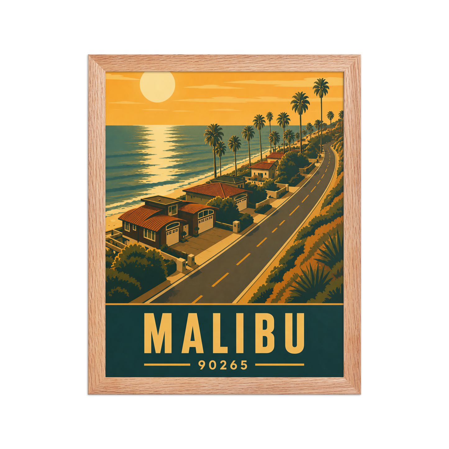 Framed Malibu palm-lined sunset coastal road poster with 90265 zip code
