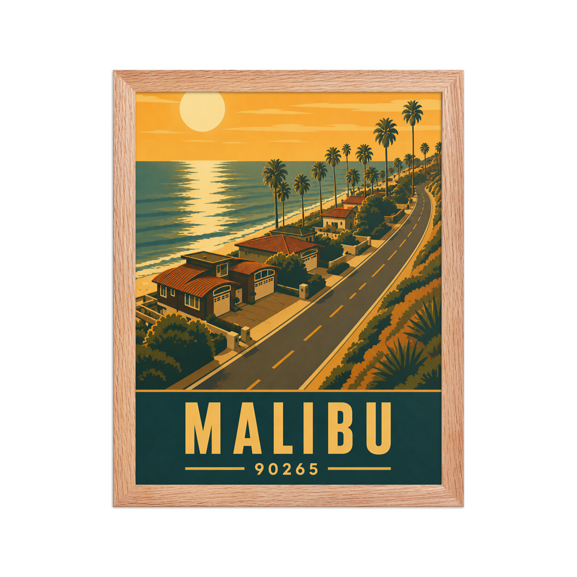 Framed Malibu palm-lined sunset coastal road poster with 90265 zip code