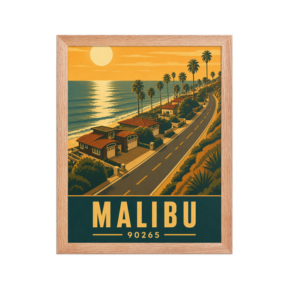 Framed Malibu palm-lined sunset coastal road poster with 90265 zip code