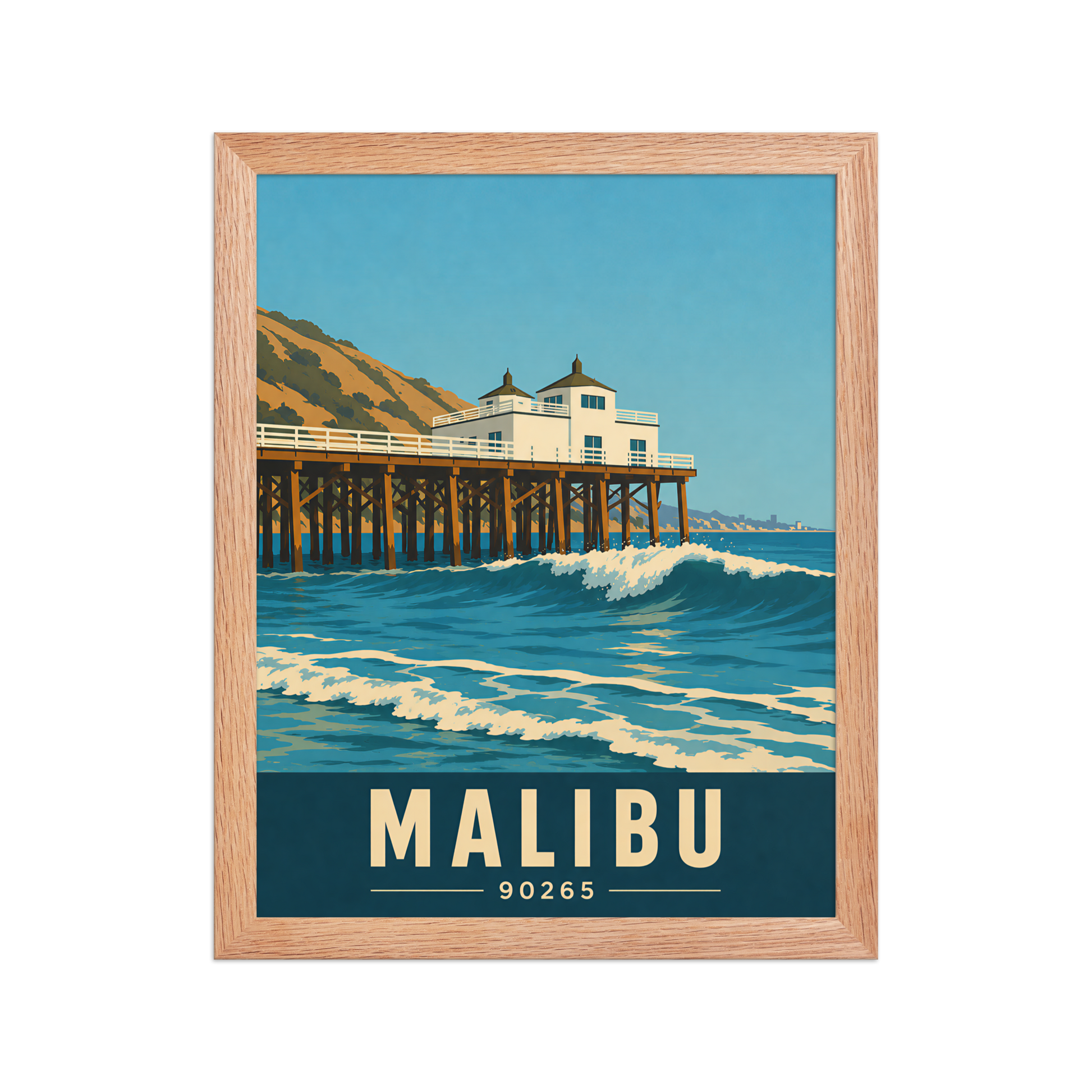 Framed Malibu oceanfront pier and waves poster with 90265 zip code