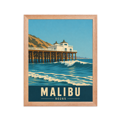 Framed Malibu oceanfront pier and waves poster with 90265 zip code