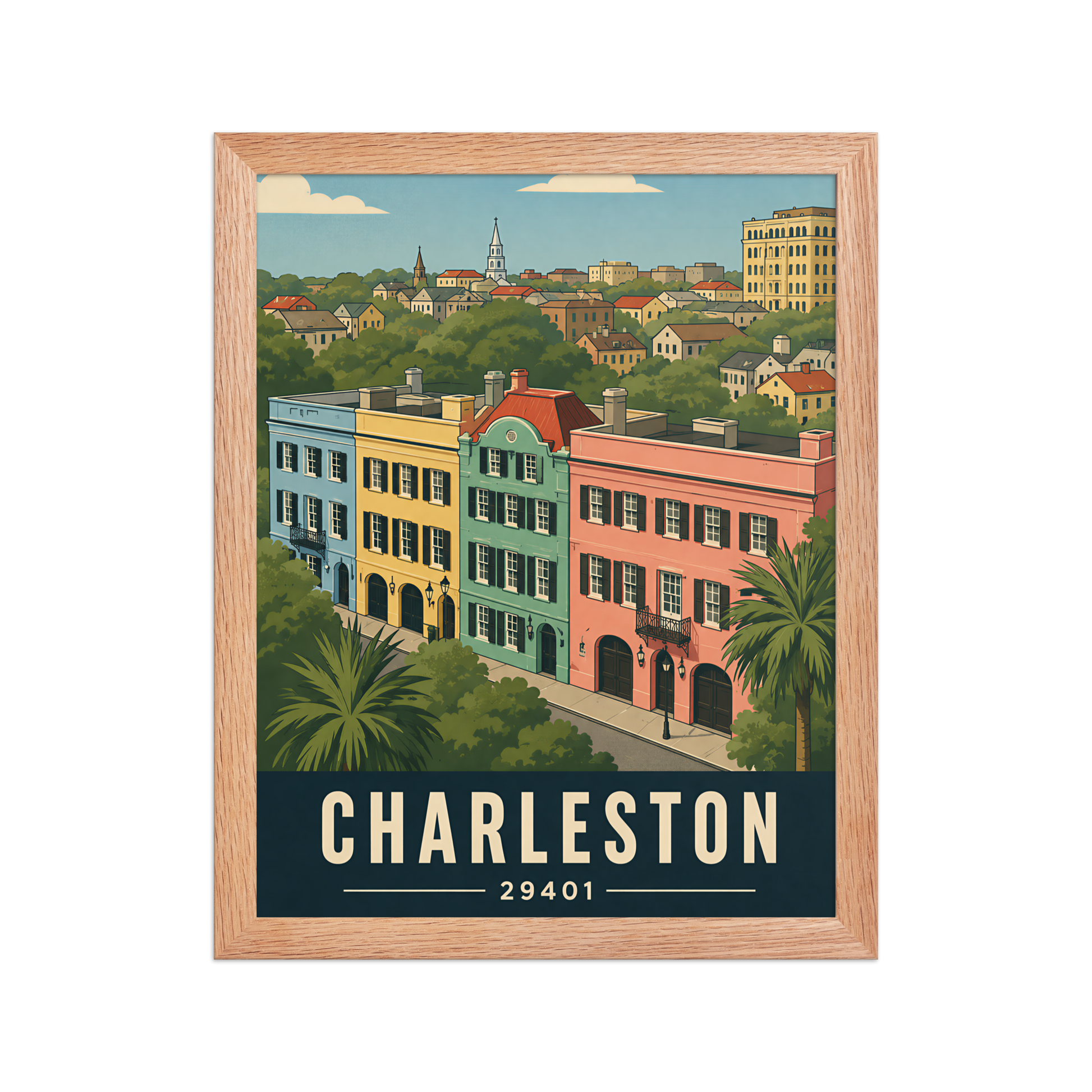 Framed Rainbow Row Charleston historic homes poster with 29401 zip code
