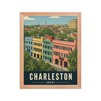 Framed Rainbow Row Charleston historic homes poster with 29401 zip code
