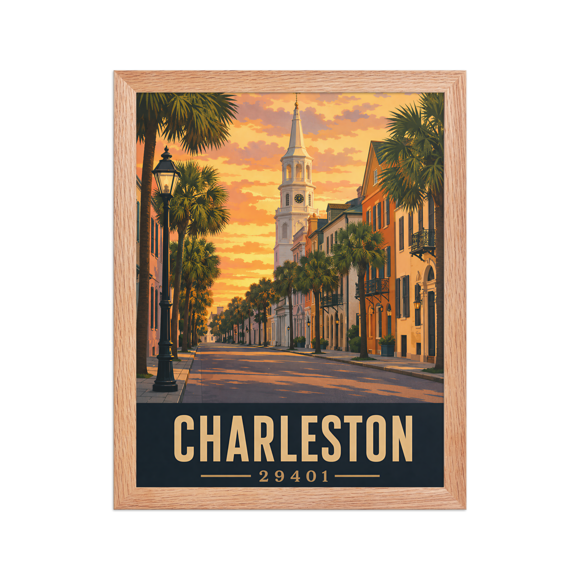 Framed Charleston church steeple sunset poster with 29401 zip code