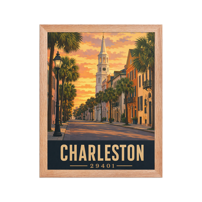 Framed Charleston church steeple sunset poster with 29401 zip code