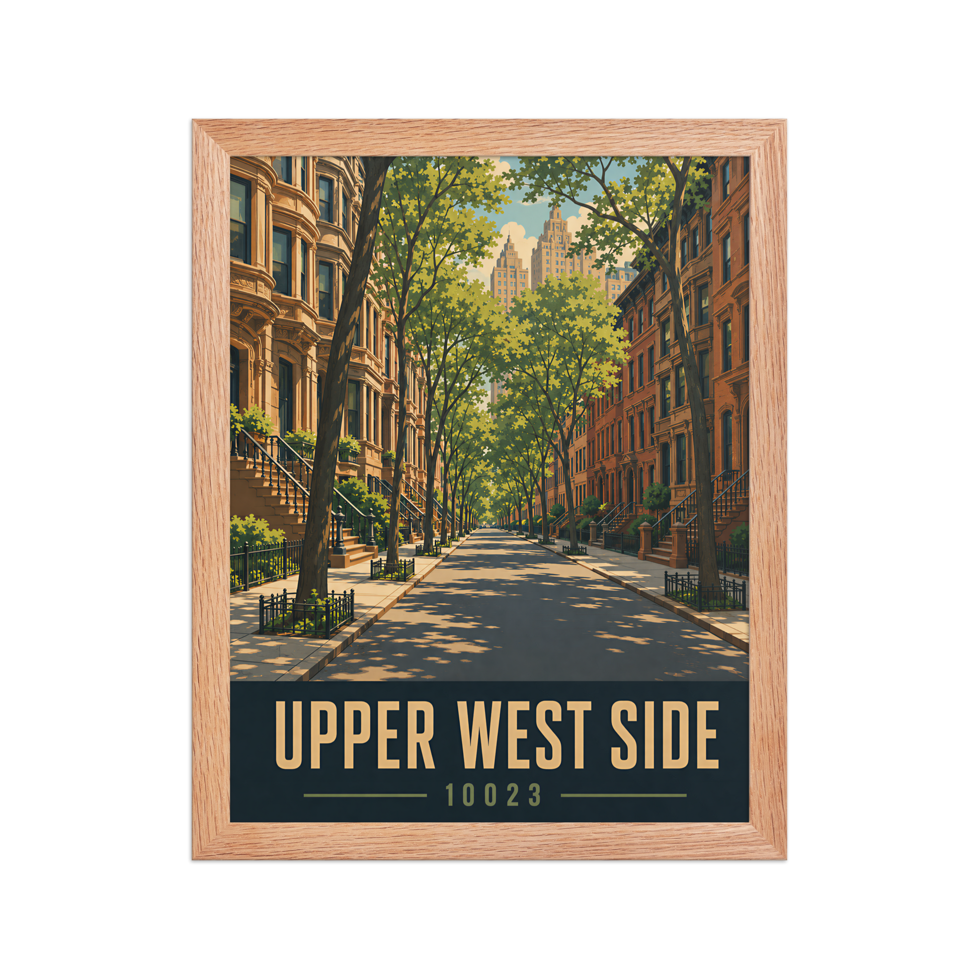 Framed Upper West Side brownstone street poster with 10023 zip code