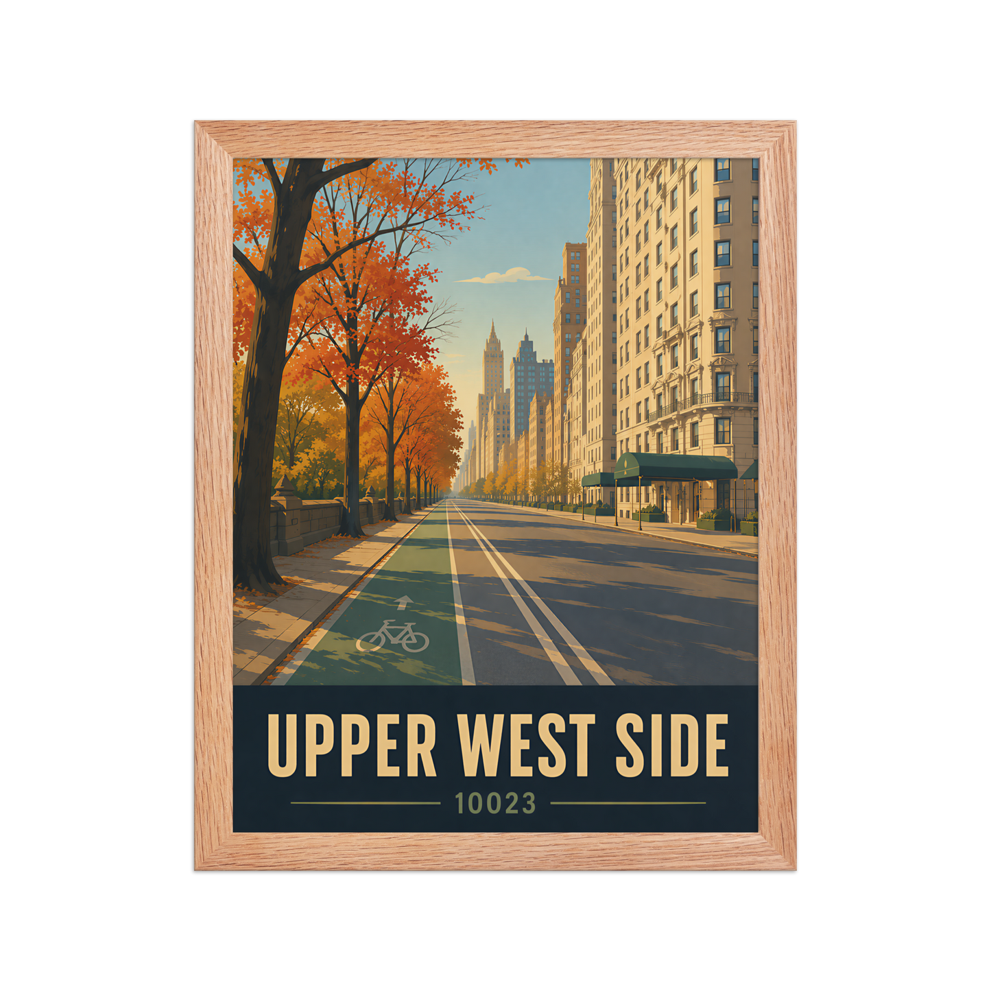 Framed Central Park West autumn poster with 10023 zip code