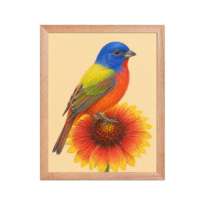 Framed Painted Bunting colored pencil illustration on Indian Blanket flower, wood frame wall art