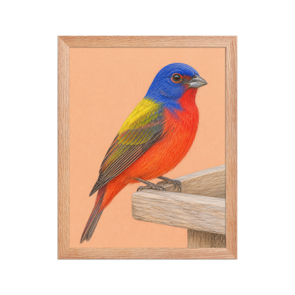 Framed Painted Bunting colored pencil illustration on wooden feeder, apricot background, wood frame wall art