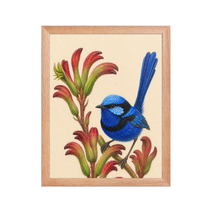 Framed Splendid Fairywren blue wren colored pencil illustration on Kangaroo Paw flowers, wood frame wall art