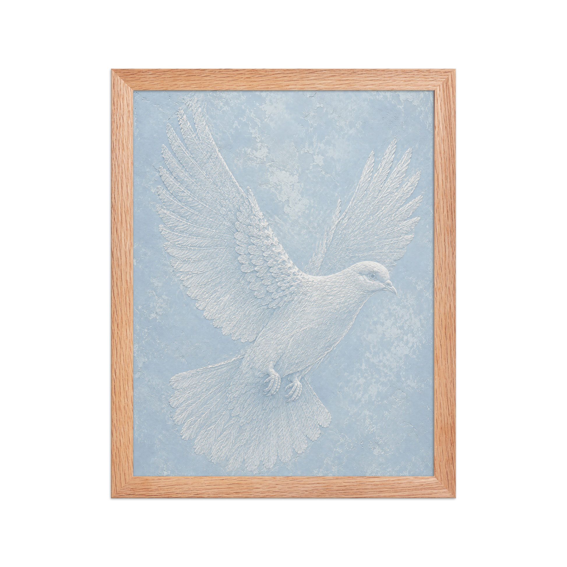 Framed peace dove print with embossed relief-look design on dusty blue textured background