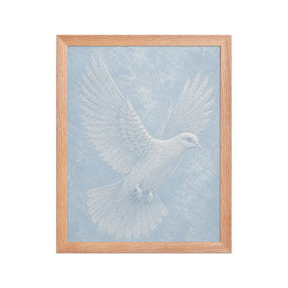 Framed peace dove print with embossed relief-look design on dusty blue textured background