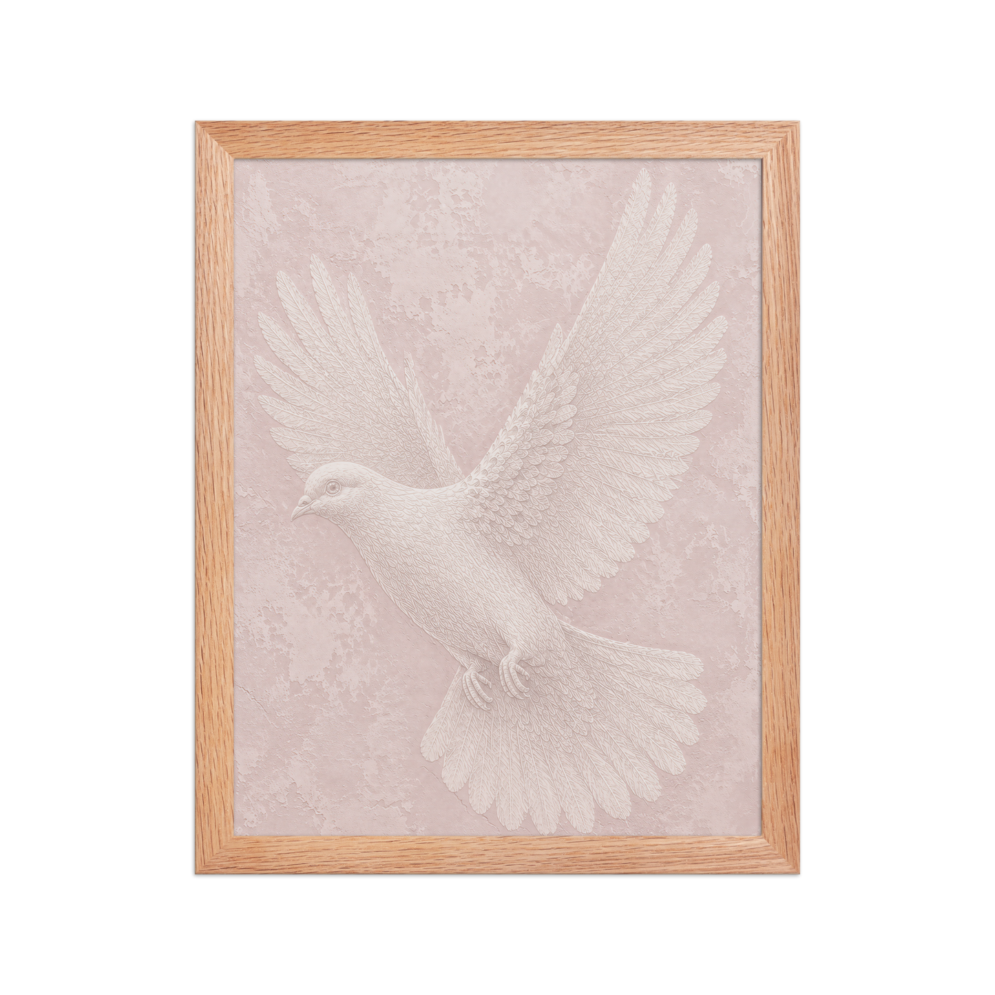 Framed peace dove print with embossed relief-look design on blush pink textured background