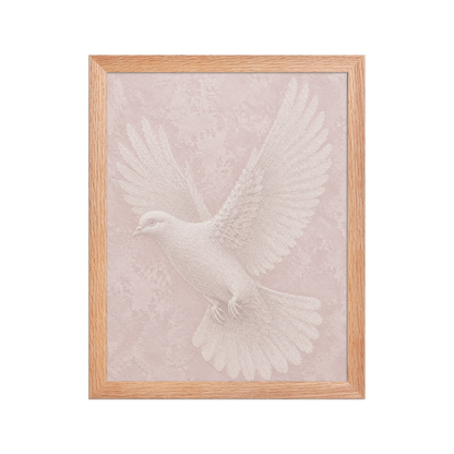 Framed peace dove print with embossed relief-look design on blush pink textured background