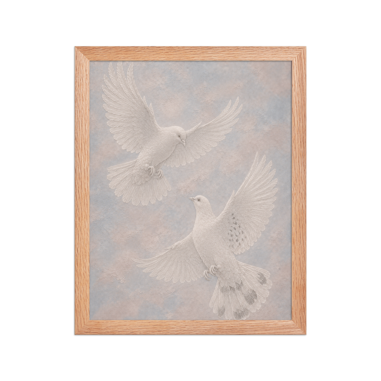 Framed two peace doves print with embossed relief-look design on dusty blue and blush textured background