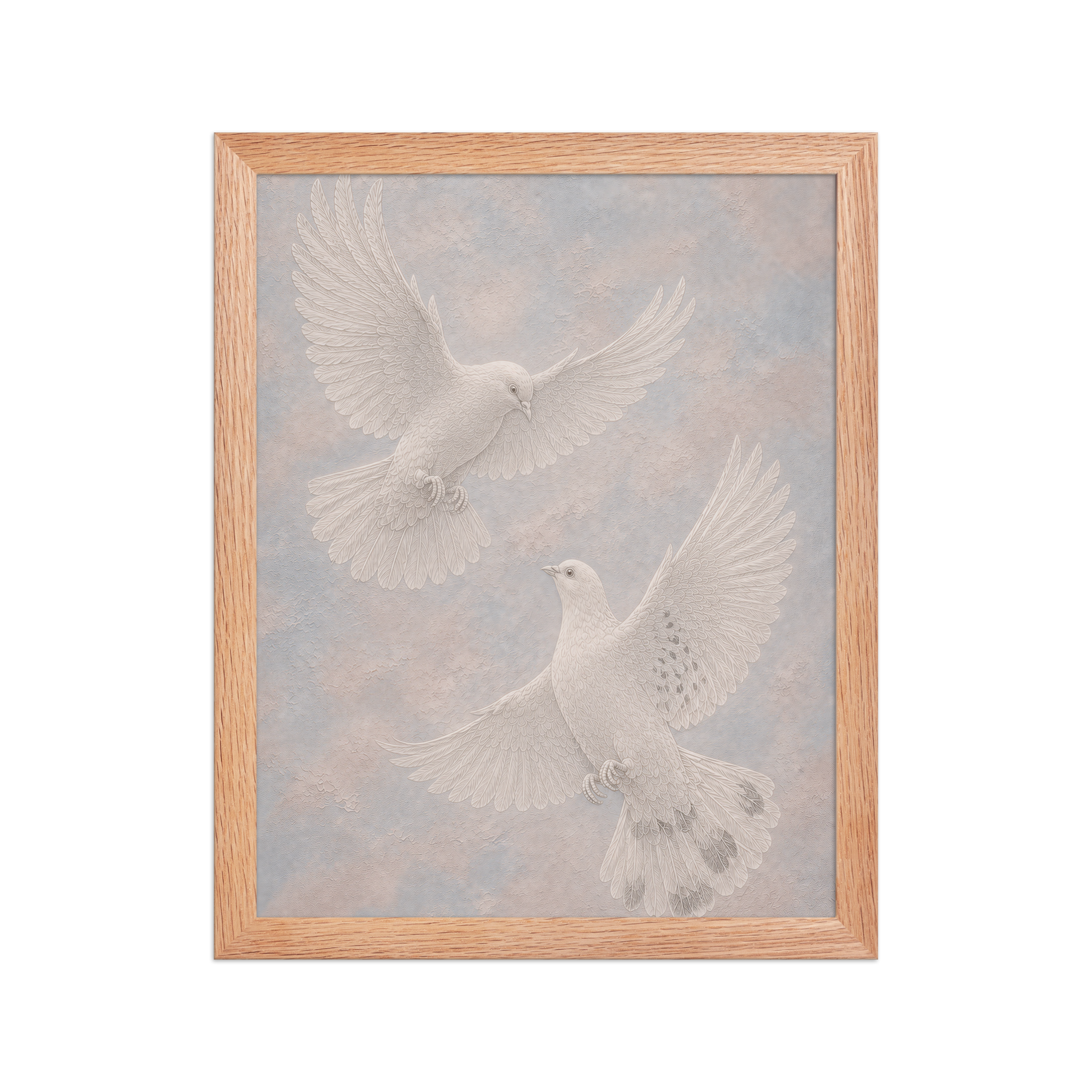 Framed two peace doves print with embossed relief-look design on dusty blue and blush textured background