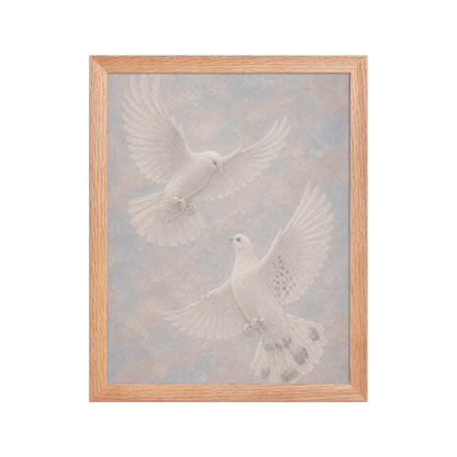 Framed two peace doves print with embossed relief-look design on dusty blue and blush textured background