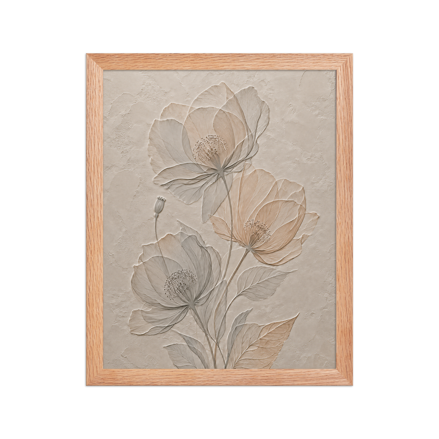 Framed wildflower bouquet print with embossed relief-look design on neutral beige textured background