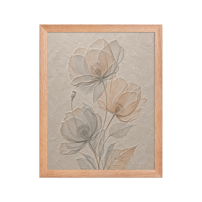 Framed wildflower bouquet print with embossed relief-look design on neutral beige textured background