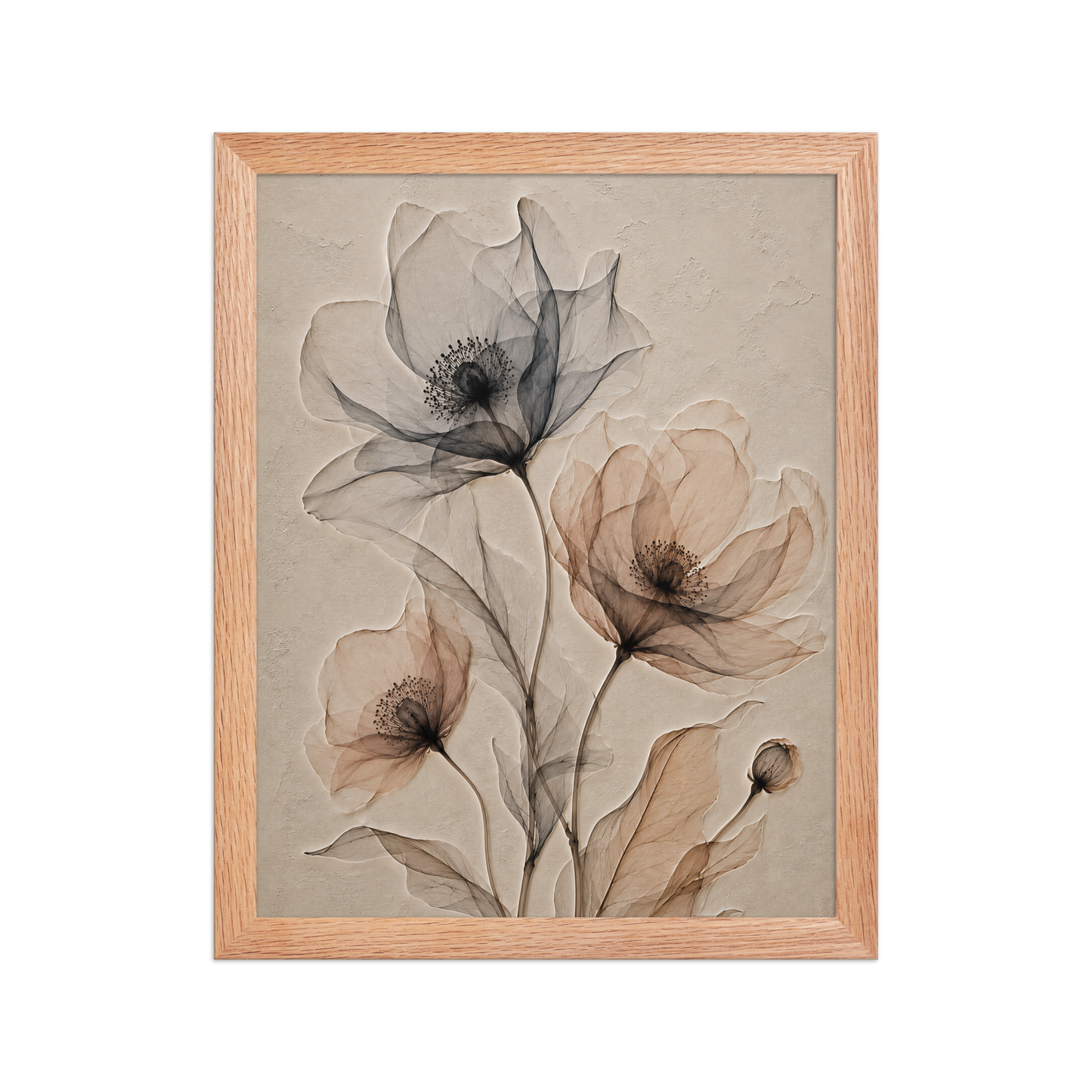 Framed wildflower trio print with embossed relief-look design in charcoal and clay tones on beige textured background