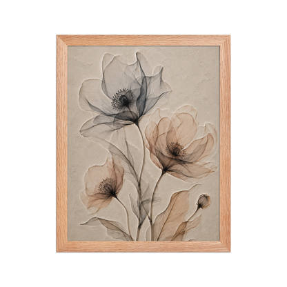 Framed wildflower trio print with embossed relief-look design in charcoal and clay tones on beige textured background