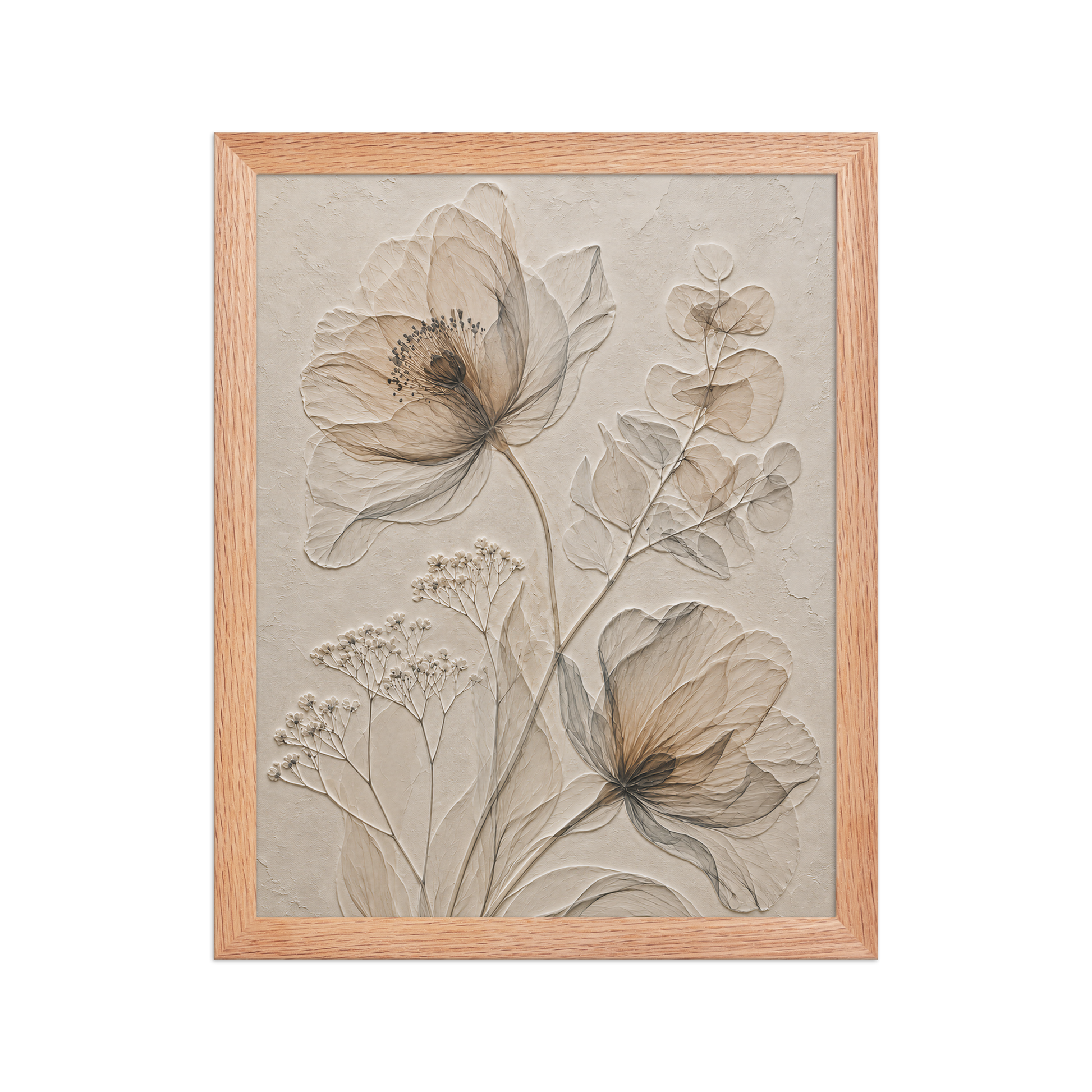 Framed botanical study print with embossed relief-look design in warm sepia tones on beige textured background