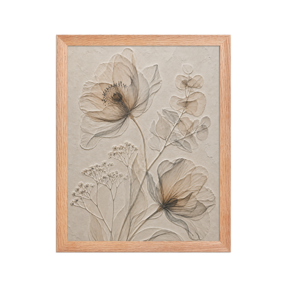 Framed botanical study print with embossed relief-look design in warm sepia tones on beige textured background