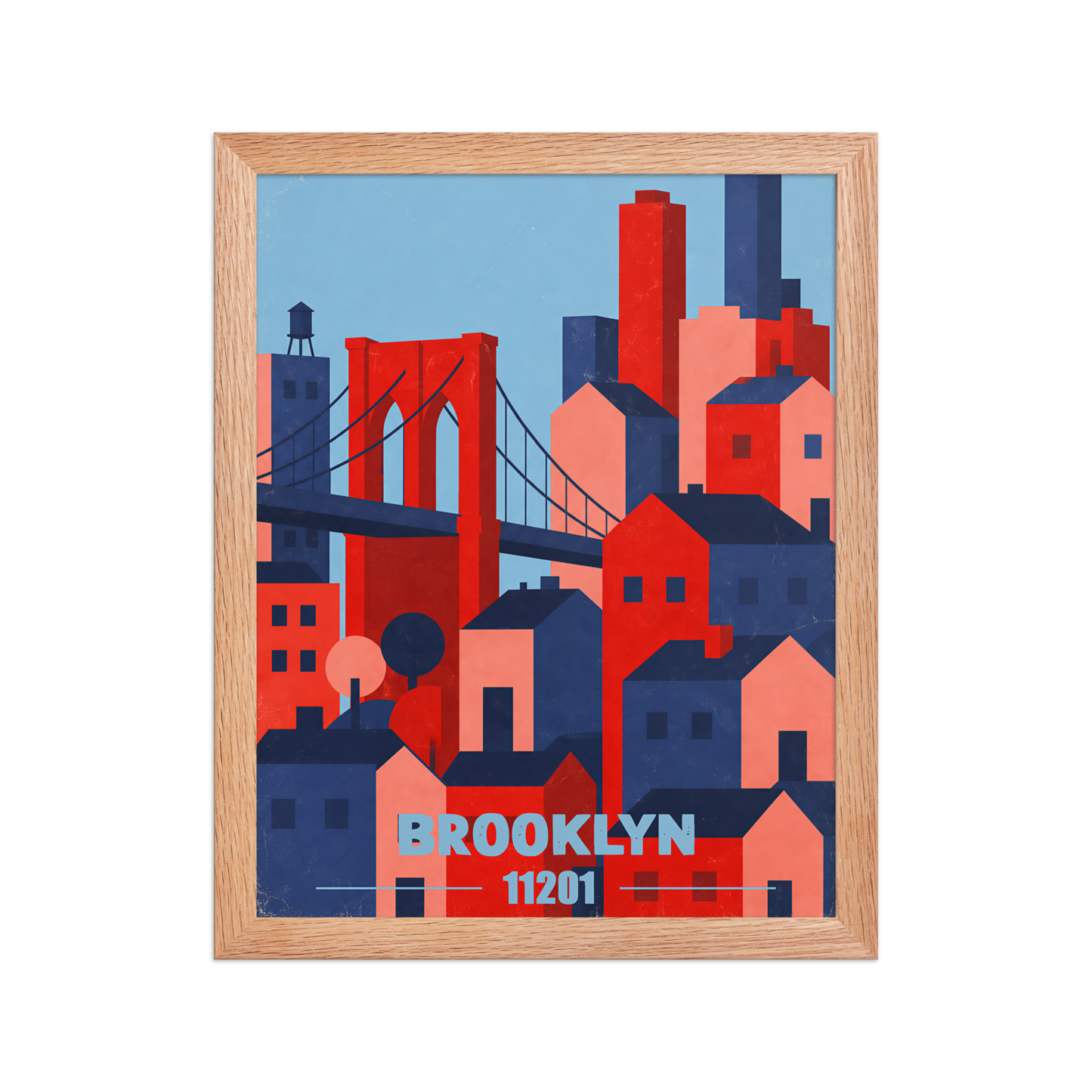 Framed Brooklyn Bridge retro travel poster, 11201 zip code wall art
