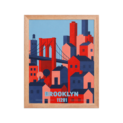 Framed Brooklyn Bridge retro travel poster, 11201 zip code wall art