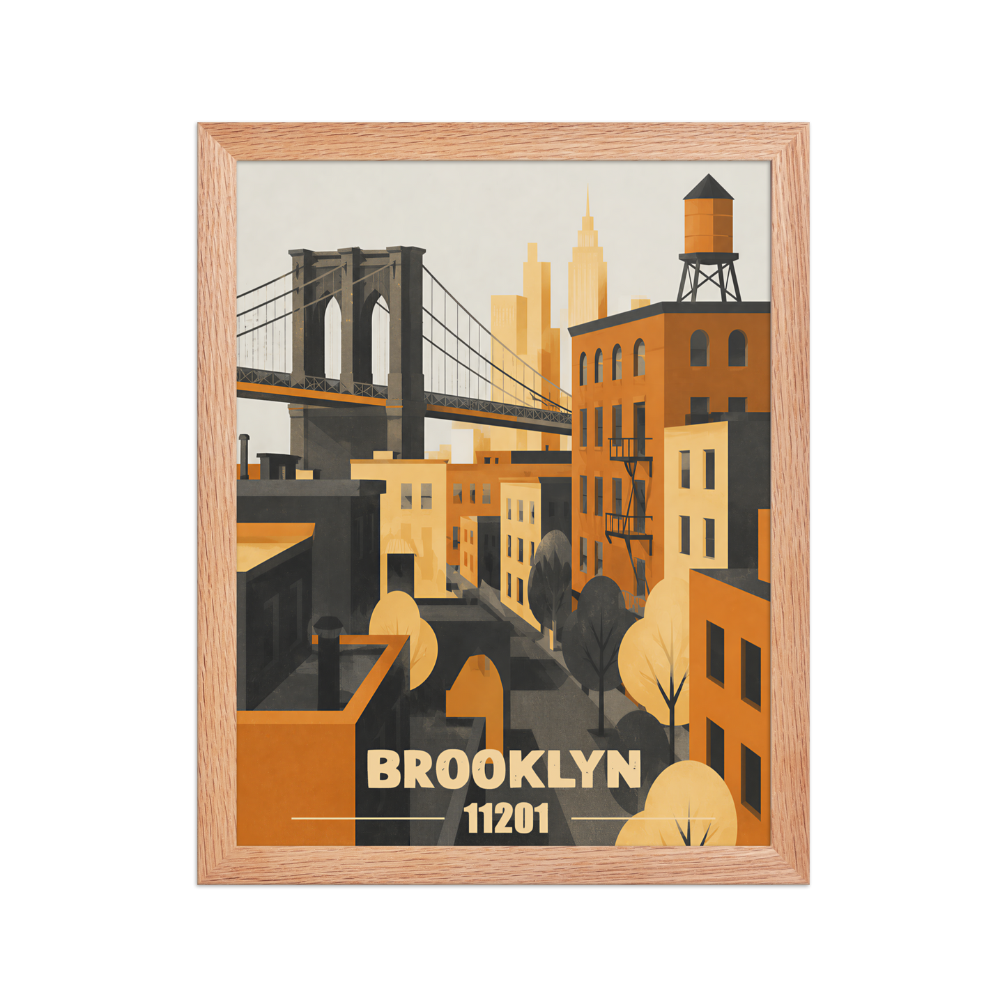 Framed Brooklyn fire escape retro travel poster, 11201 zip code wall art