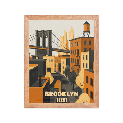 Framed Brooklyn fire escape retro travel poster, 11201 zip code wall art
