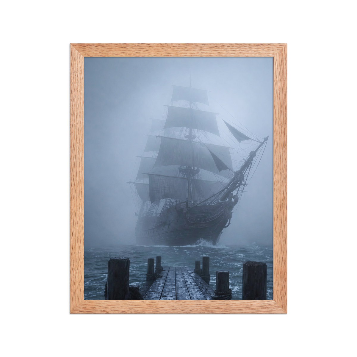 Ghost ship emerging from fog at dawn, dark moody framed wall art print ready to hang, JMTR Jeometry Store
