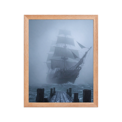 Ghost ship emerging from fog at dawn, dark moody framed wall art print ready to hang, JMTR Jeometry Store