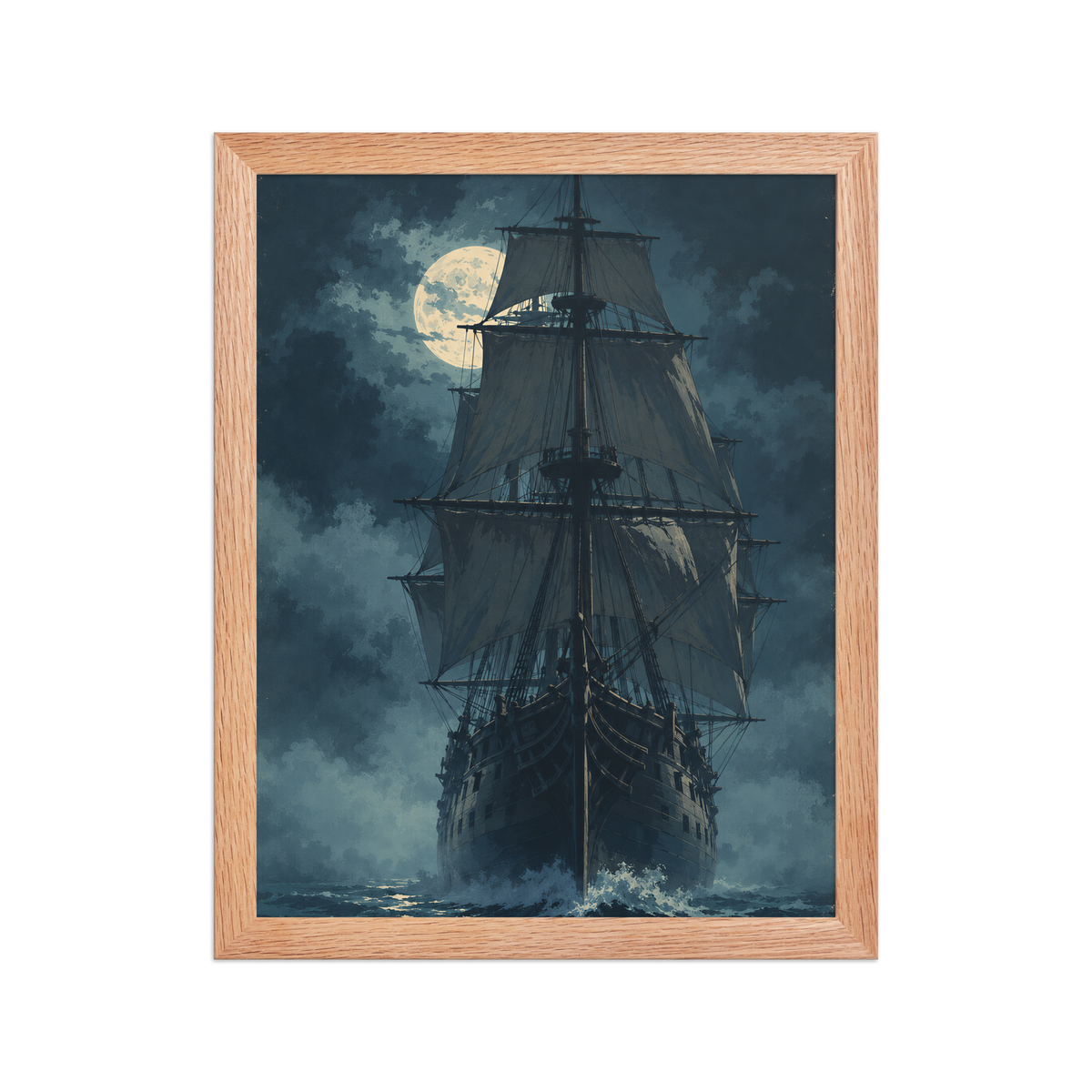 Tall ship sailing under full moon at night, vintage atmospheric nautical framed wall art print ready to hang, JMTR Jeometry Store