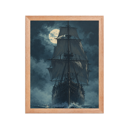 Tall ship sailing under full moon at night, vintage atmospheric nautical framed wall art print ready to hang, JMTR Jeometry Store