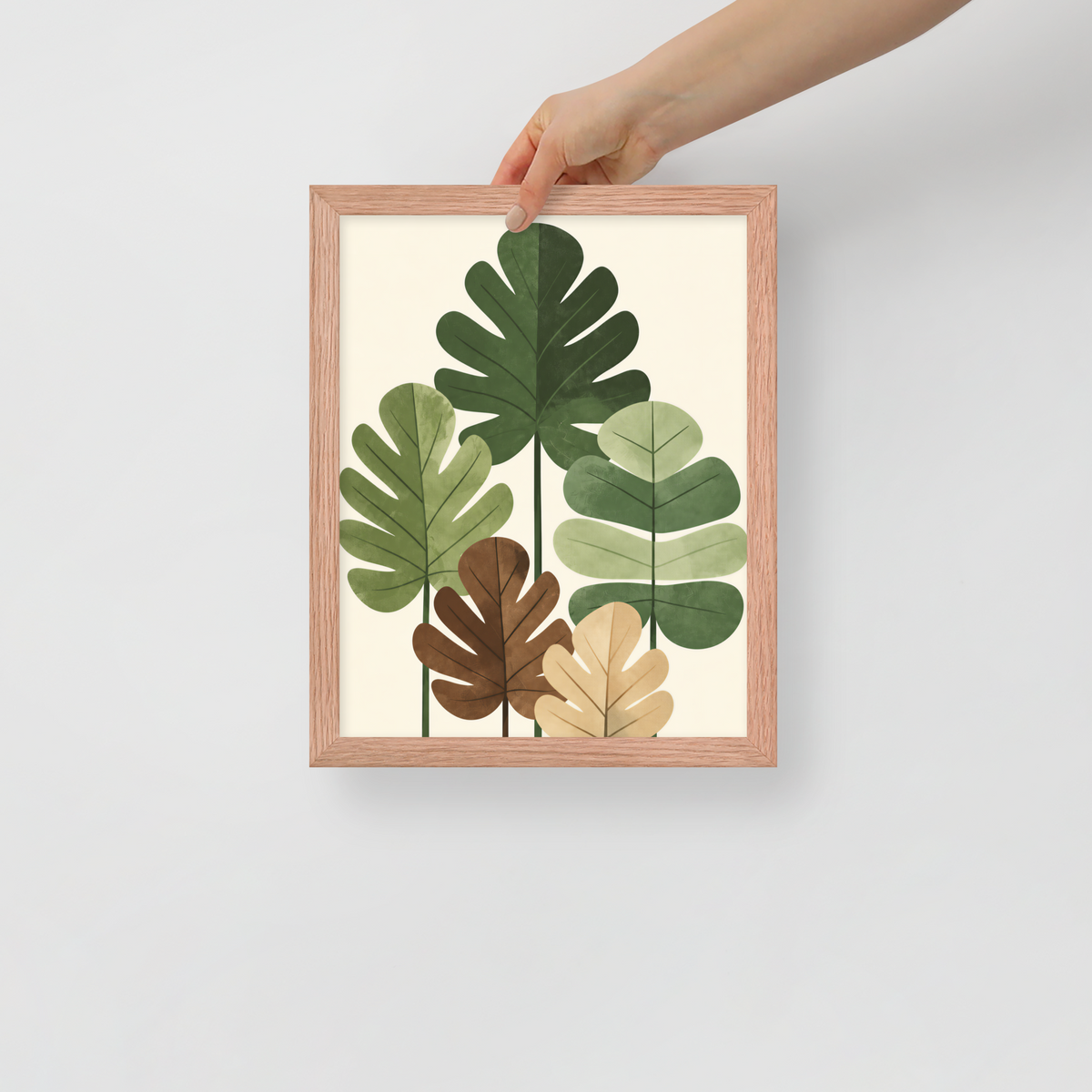 Illustrated fig leaves in shades of green, brown and gold with textured paper-like finish, framed wall art print ready to hang, JMTR Jeometry Store