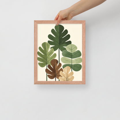 Illustrated fig leaves in shades of green, brown and gold with textured paper-like finish, framed wall art print ready to hang, JMTR Jeometry Store