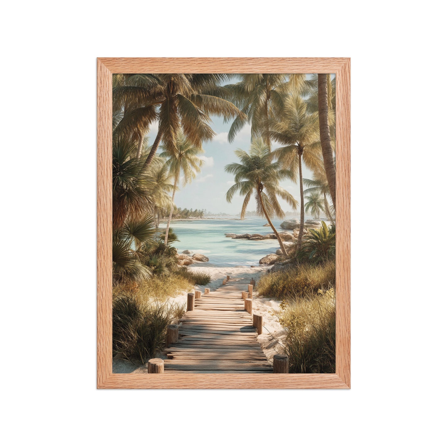 Wooden boardwalk path through tropical palm trees 
leading to calm turquoise beach, framed wall art print, 
black frame, JMTR Jeometry Store