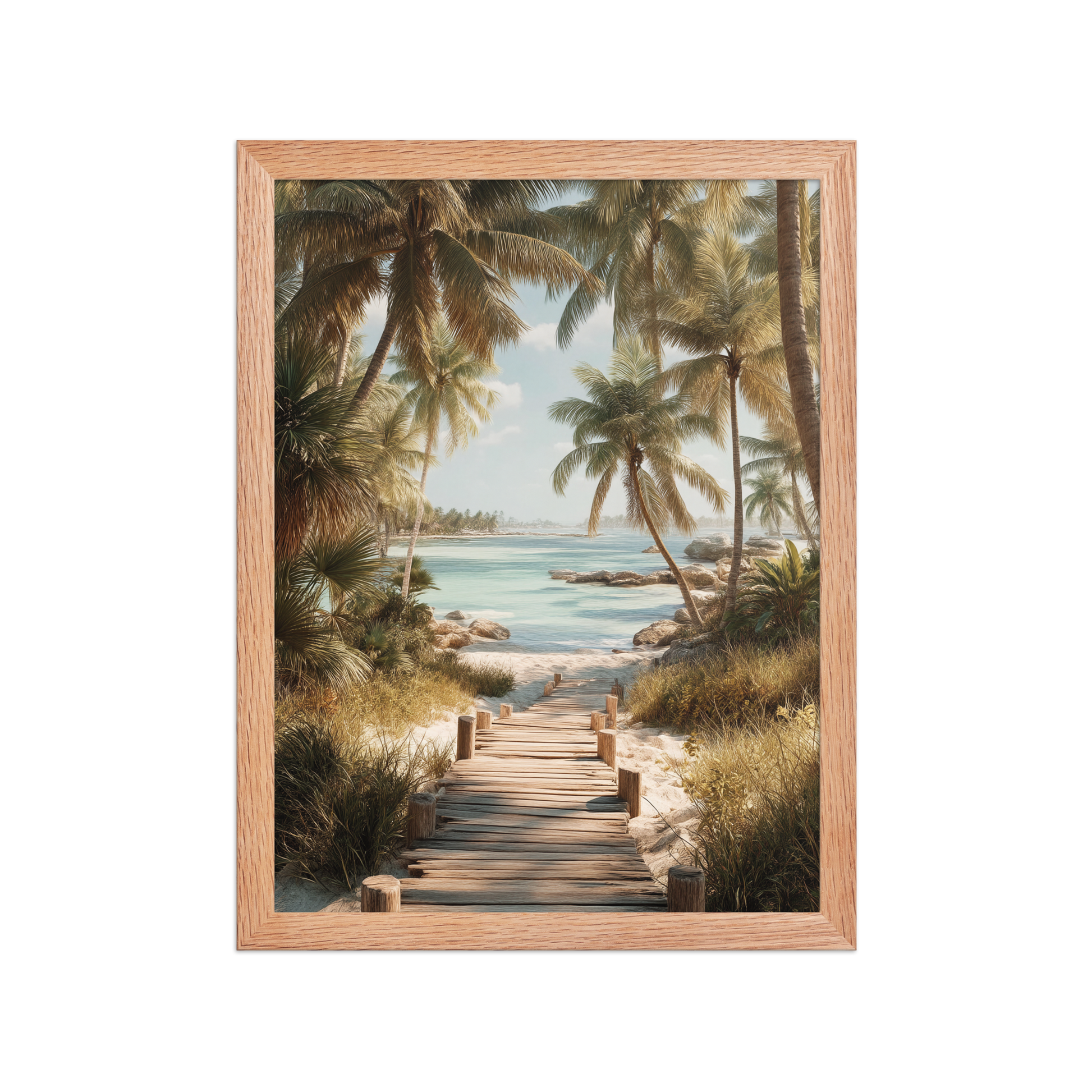 Wooden boardwalk path through tropical palm trees 
leading to calm turquoise beach, framed wall art print, 
black frame, JMTR Jeometry Store