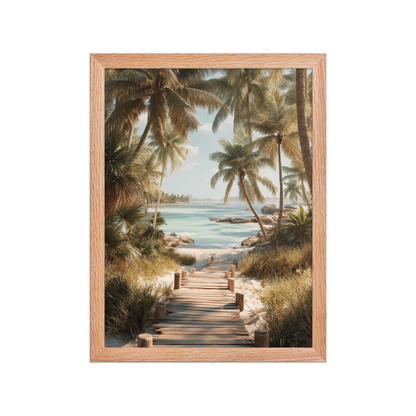Wooden boardwalk path through tropical palm trees 
leading to calm turquoise beach, framed wall art print, 
black frame, JMTR Jeometry Store