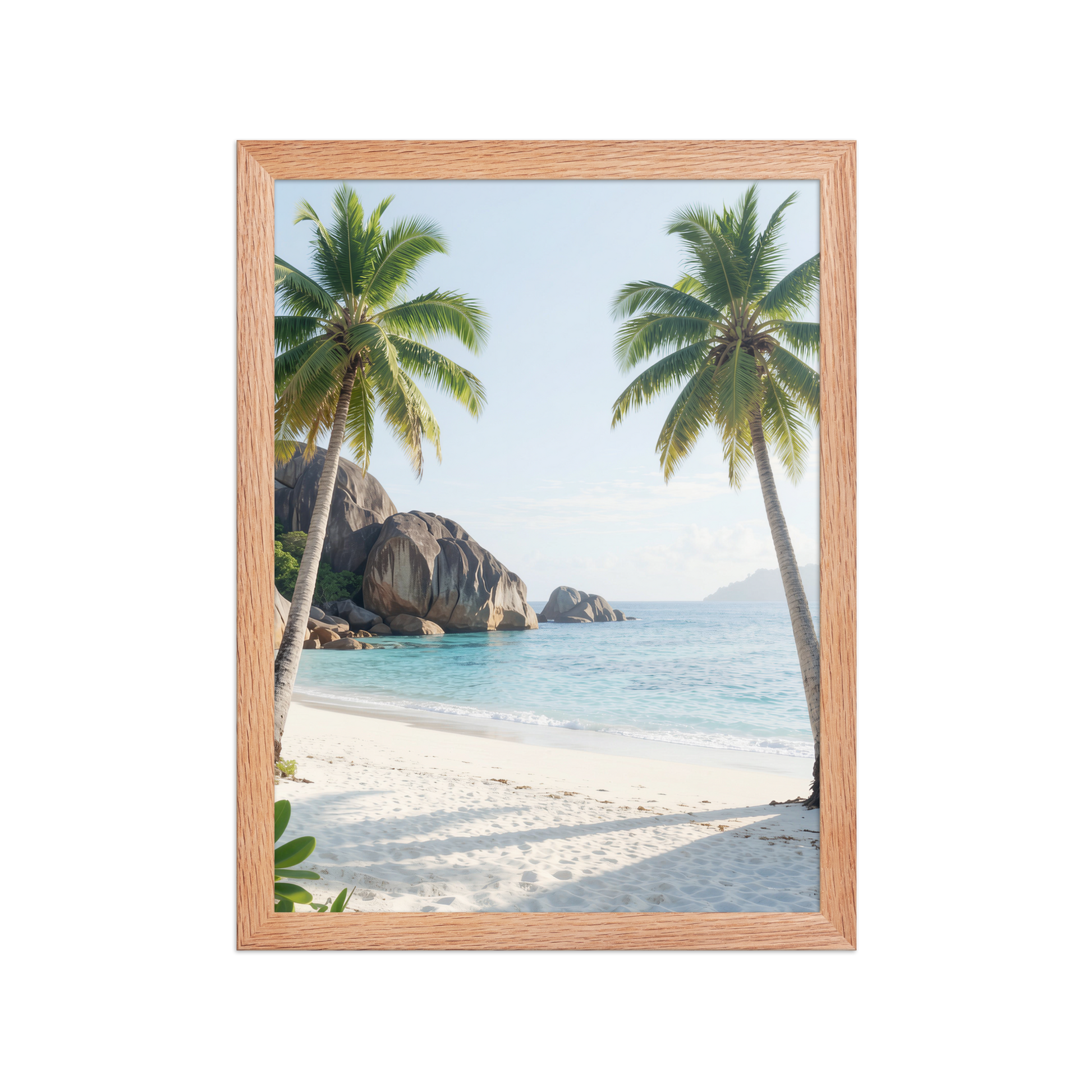 Framed tropical beach print with turquoise ocean, white sand and palm trees, ready to hang coastal wall art, JMTR Jeometry Store