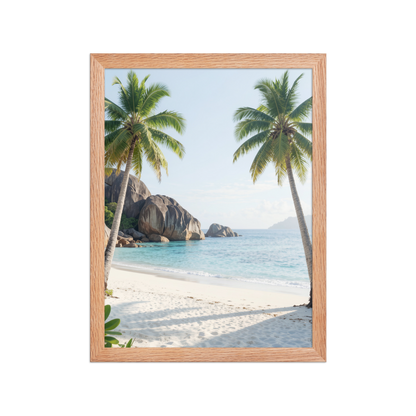 Framed tropical beach print with turquoise ocean, white sand and palm trees, ready to hang coastal wall art, JMTR Jeometry Store
