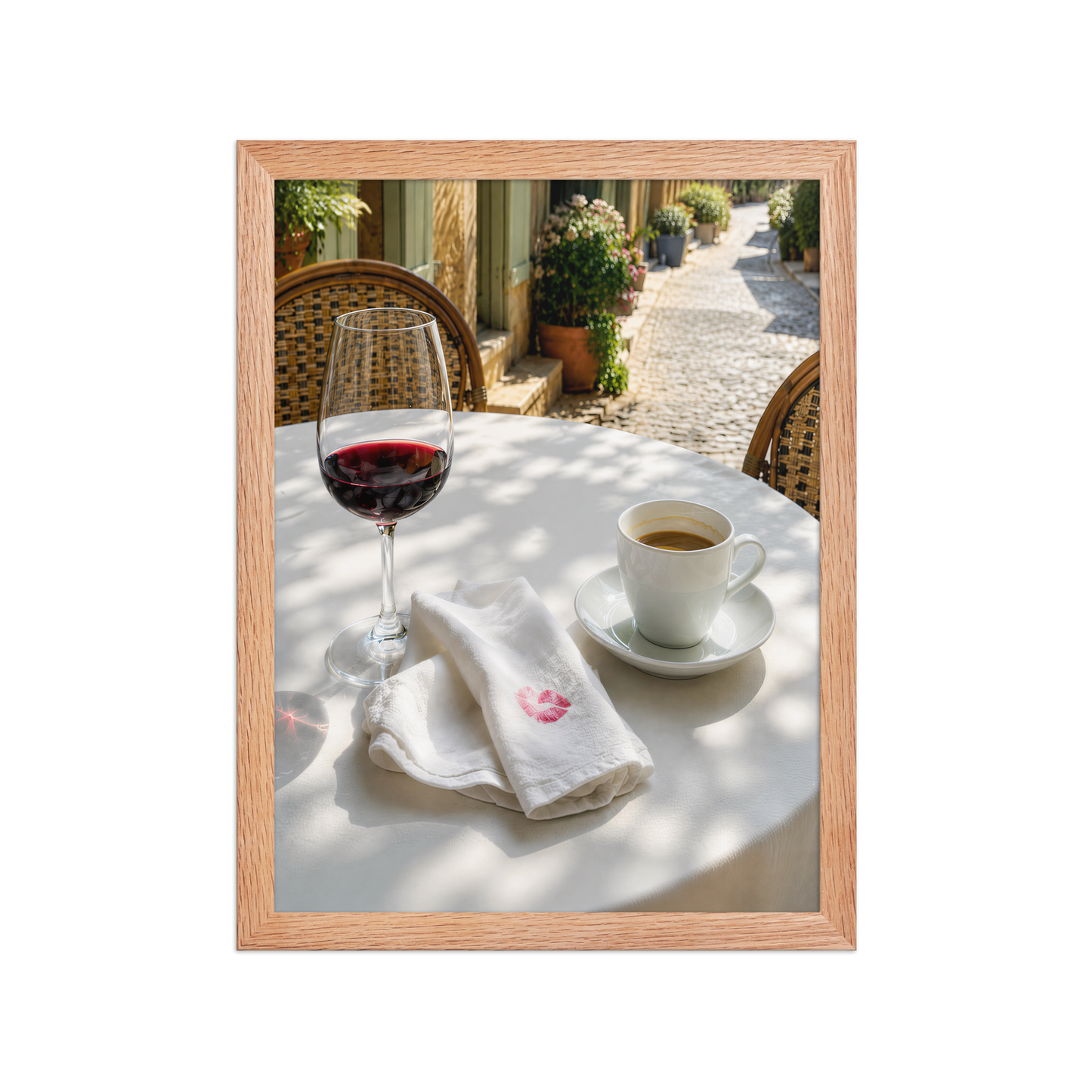 Framed sunlit café terrace print with red wine and espresso, ready to hang wall art, JMTR Jeometry Store